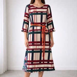 Like New Condition Geometric Bright Color Striped Midi Dress with Belt - Size 6
